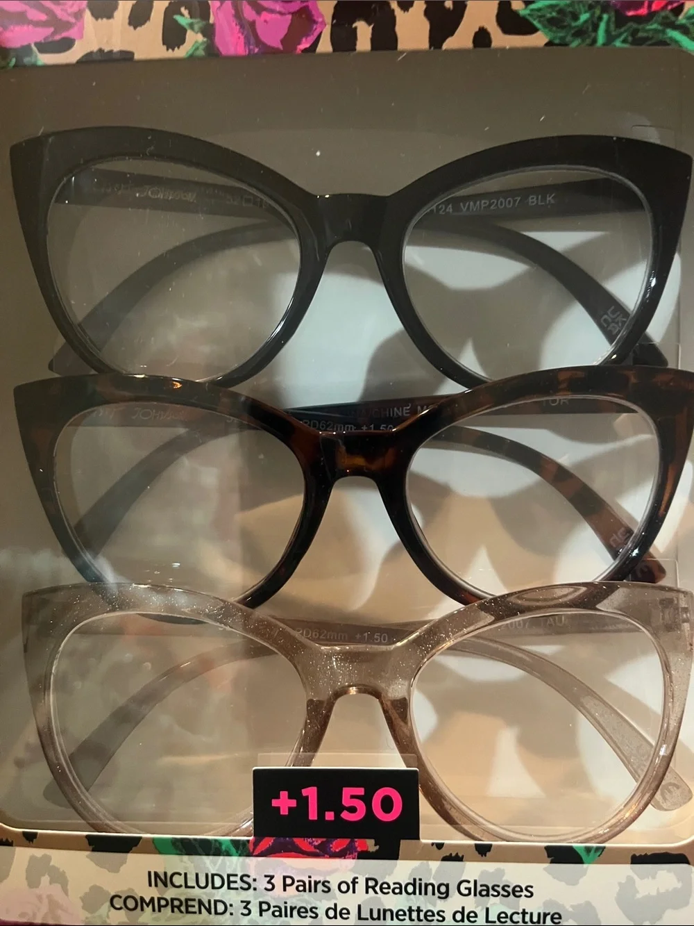 Betsey Johnson 3-Pack 1.50 Reading Glasses Set – Black, Tortoise, Clear